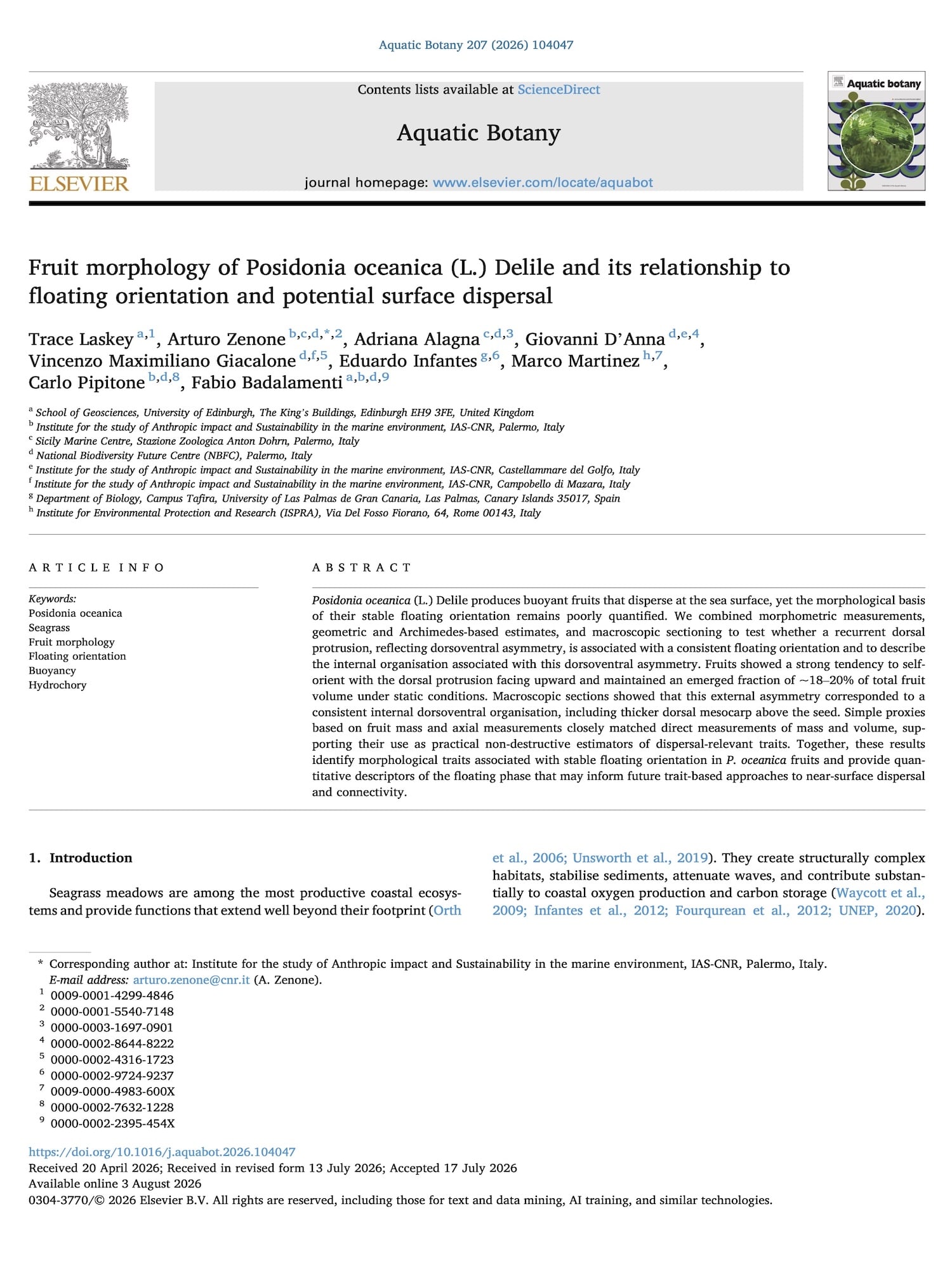 Fruit morphology of Posidonia oceanica (L.) Delile and its relationship to floating orientation and potential surface dispersal floating orientation and potential surface dispersal